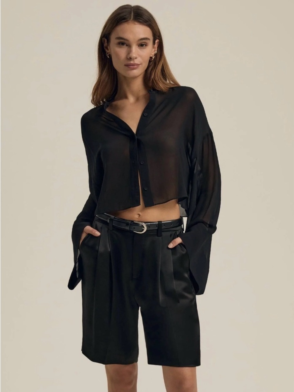 NWT Favorite Daughter Black Belle of the Ball Sheer Blouse Size M Flare Sleeves